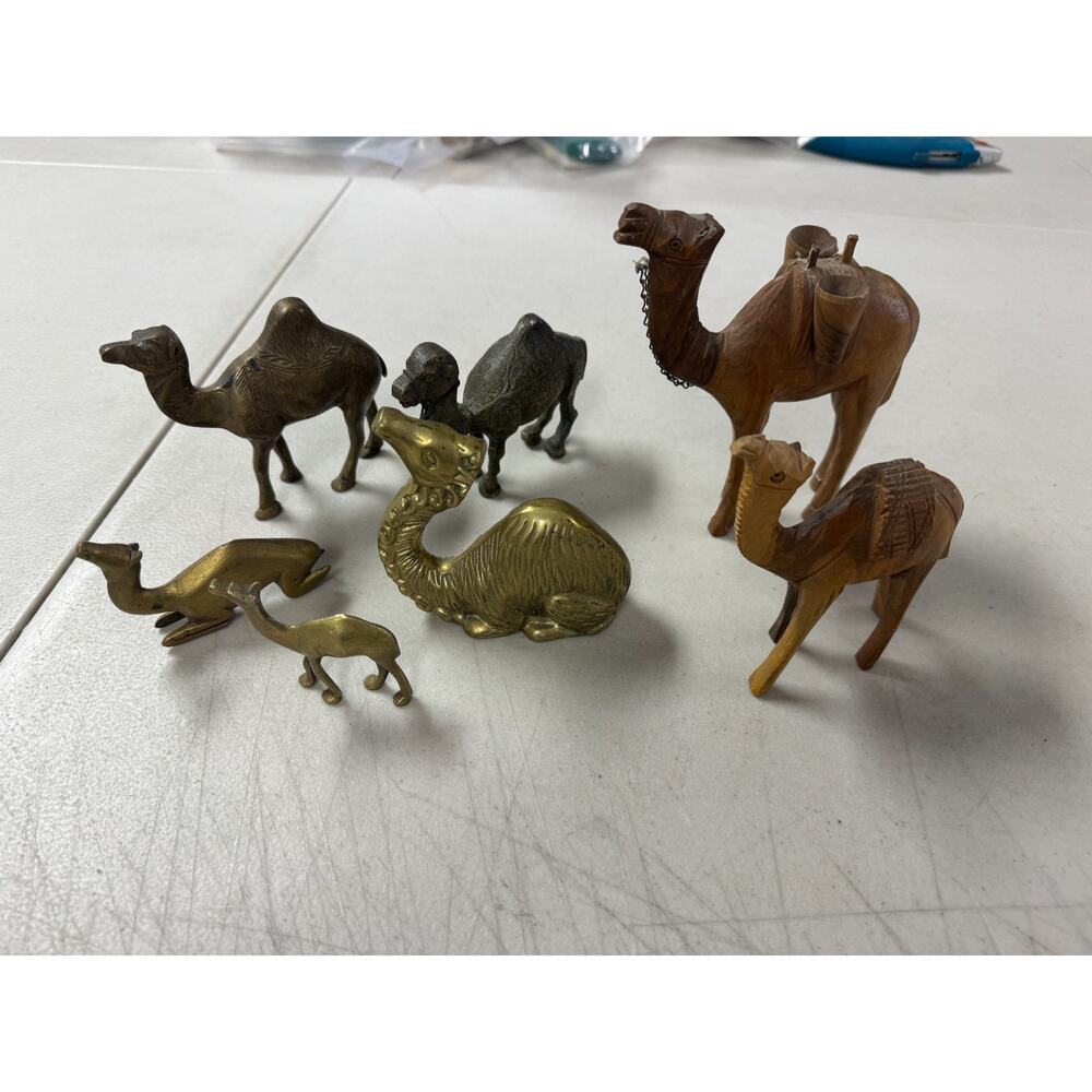Vintage Handcrafted Brass & Wooden Camel Figurine Statue Decorative Lot of 7